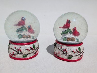 Lot of 2 Red Cardinal Bird Christmas Scene Holly Tree Branch Snow Globes