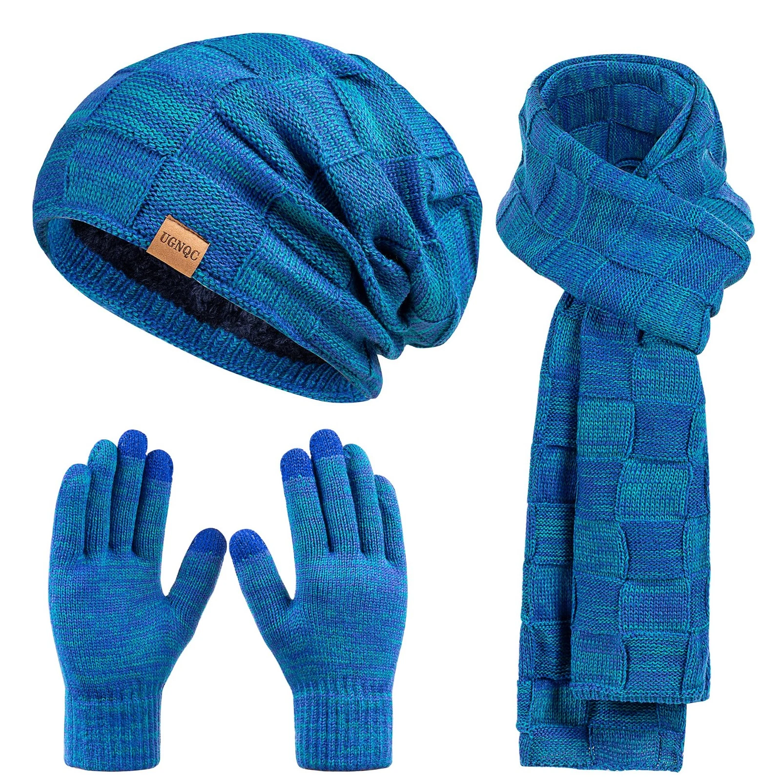 Beanie Hat Scarf Touchscreen Gloves Set for Men and Women, One Size, Blue