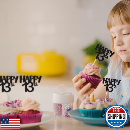 Gyufise 24 Stück Happy 13th Birthday Cupcake Topper Schwarz Glitzer Zahl 13 Thi - Bild 4 von 5