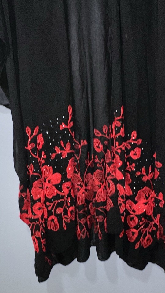 Jessica McClintock Black Red Kimono Rhinestone Studded Boho Cover Up OS
