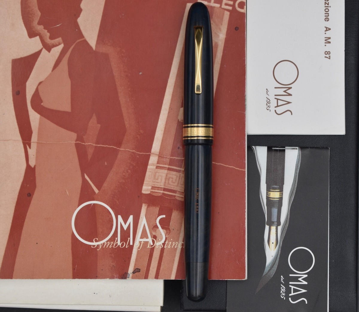OMAS AM 87 Briarwood Blue Fountain Pen 14k 585 Two tone F Nib Box