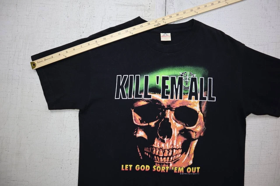 Camiseta De Colección Años 90 Kill 'Em All Let God Sort 'Em Out Talla L 1995 Veterano Emblema 3D Foto 4 de 4