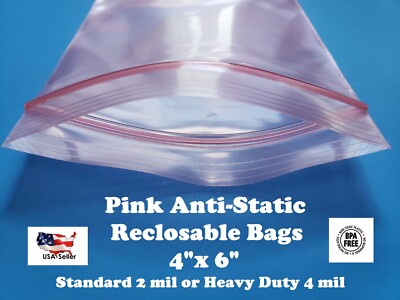 4'' x 6'' Anti Static Pink 2 or 4-Mil Zip Seal HEAVY-DUTY Reclosable Top Lock Bags