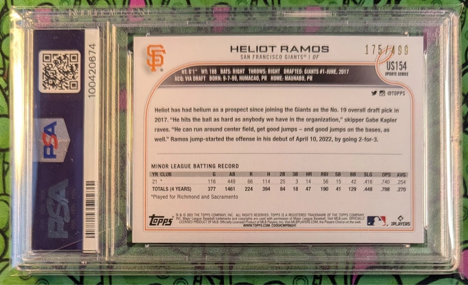 HELIOT RAMOS Rookie Card 💎 PSA 10 GEM MINT 💎 2022 Topps RC US154 🔥 GREEN /499 - Image 2 of 2