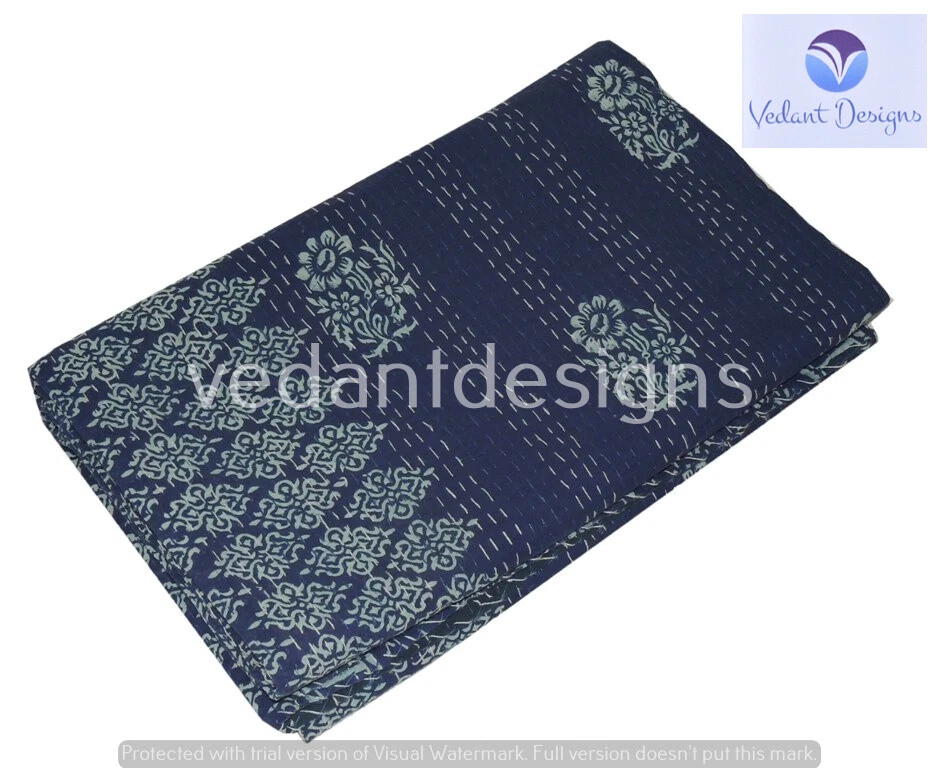 Edredón Kantha bloque reversible indio manta reina negra arte Foto 3 de 4