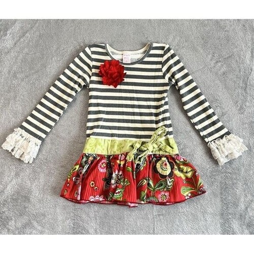 Giggle Moon Tie Front Top Girl's 6X Multicolor Floral Ruffle Y2K Stripe