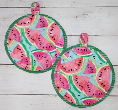 PASTEL WATERMELON SLICES Pair Handmade Quilted Potholders Pot Holders Hot Pads