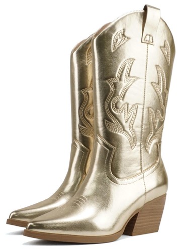 Soda Damen Cowboy Western genäht Absatz Stiefel spitze Zehenpartie mittlerer Schaft ORVILLE Gold - Bild 2 von 5