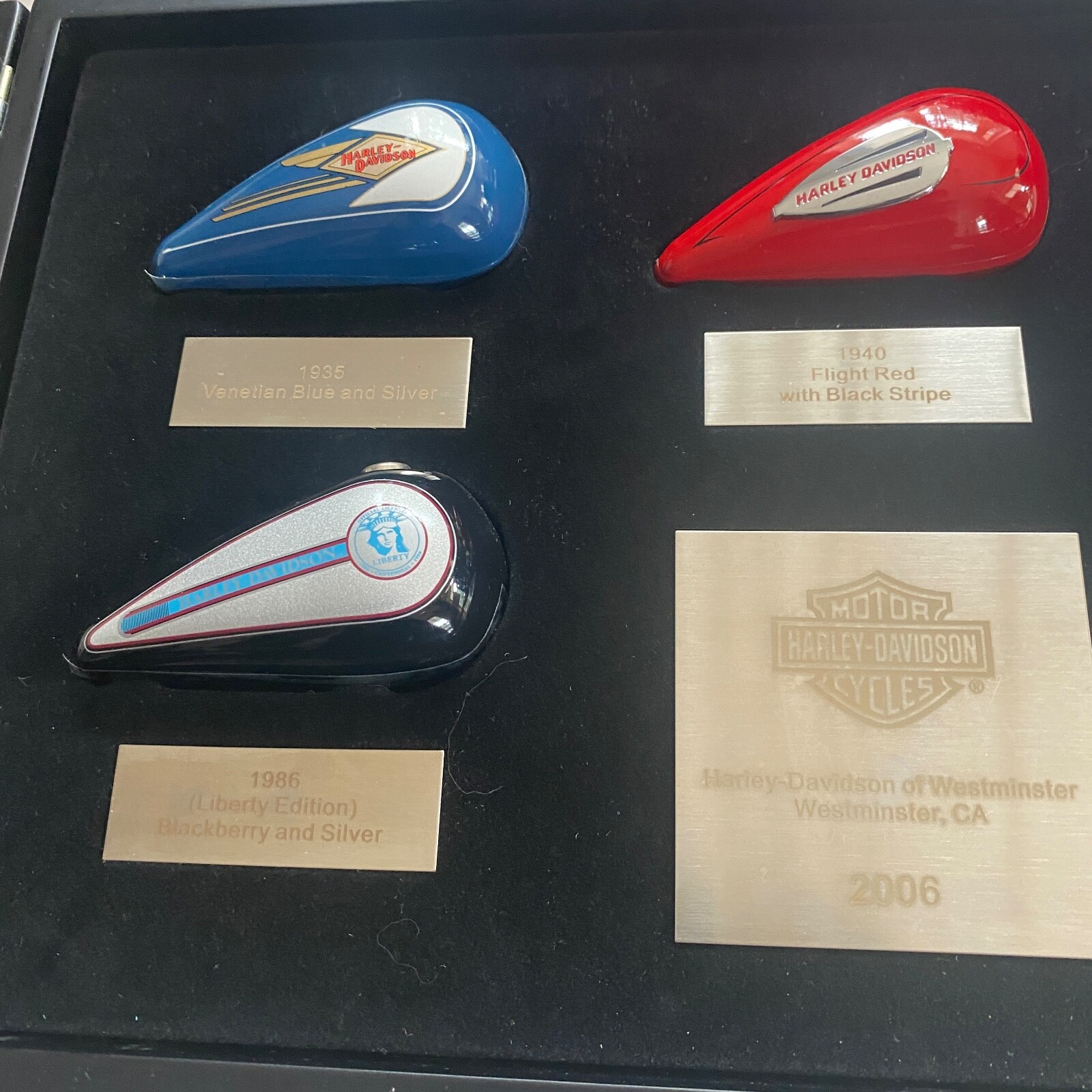 2006 Harley Davidson Mini Gas Give Tanks Ornament Set Glass Shadow Box Case eBay