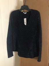Helmut Lang Size S Alternating Tucks Wool Silk V Neck Sweater in Speckled Black