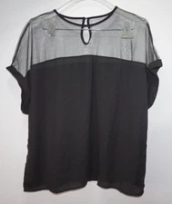 Shein Sheer Mesh Shoulders Black Blouse Shirt Top Womens Sz L