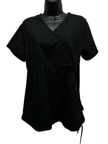 Cherokee Workwear Black Scrub Top Short Sleeve V Neck Pockets Size S Side Tie