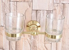 Double Gold Color Brass Toothbrush Holder with Glass Cup Holder Wall Mounted