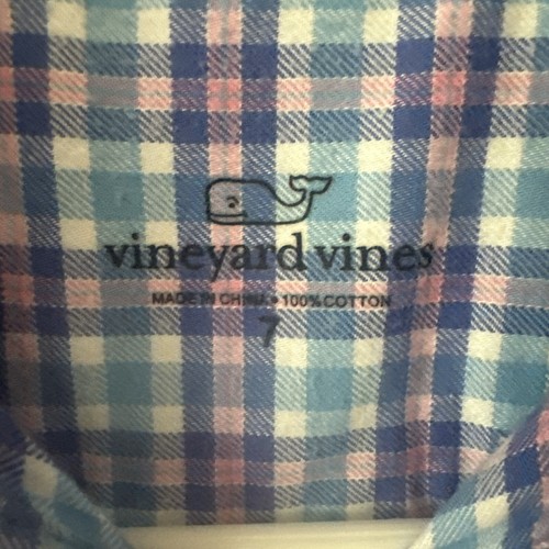 VINEYARD VINES Girls Size 7 Pink White Blue Plaid Cotton Flannel Shirt Dress - Picture 2 of 8