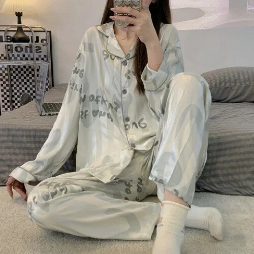 Pijama Seda Hielo Mujer Pijama Primavera Manga Larga Hogar Set - Imagen 9 de 49