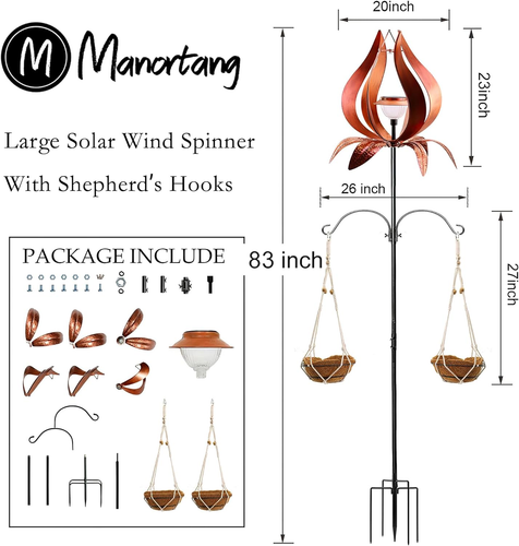 Solar Wind Spinner Large Landscape Light Shepherd Hooks Coconut Baskets Decor - Picture 6 of 9