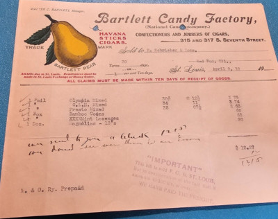 ANTIQUE EPHEMERA LETTERHEAD BILLHEAD BARTLETT FACTORY NATIONAL CANDY CO 1910
