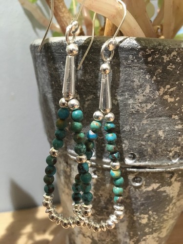 Navajo Style Beaded Hubei Turquoise Sterling Silver Earrings. SALE - Picture 2 of 5