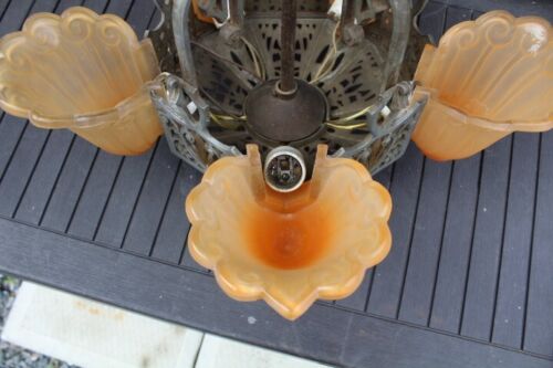 Antique Lincoln Art Deco Slip Shade Ceiling Light Fixture Chandelier Fleur Lys - Picture 12 of 16