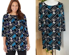NWT Catherines Plus Anywear Tunic 1X Teal Geometric Print Slinky Knit Travel