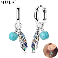 MULA 925 Sterling Silver Feather Turquoise Hoop Earrings CZ for Women Jewelry