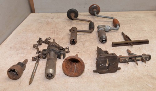 Antique wheel wright drill lot Stanley Pexto odd brace pointer tennon cutter lot - Picture 1 of 10