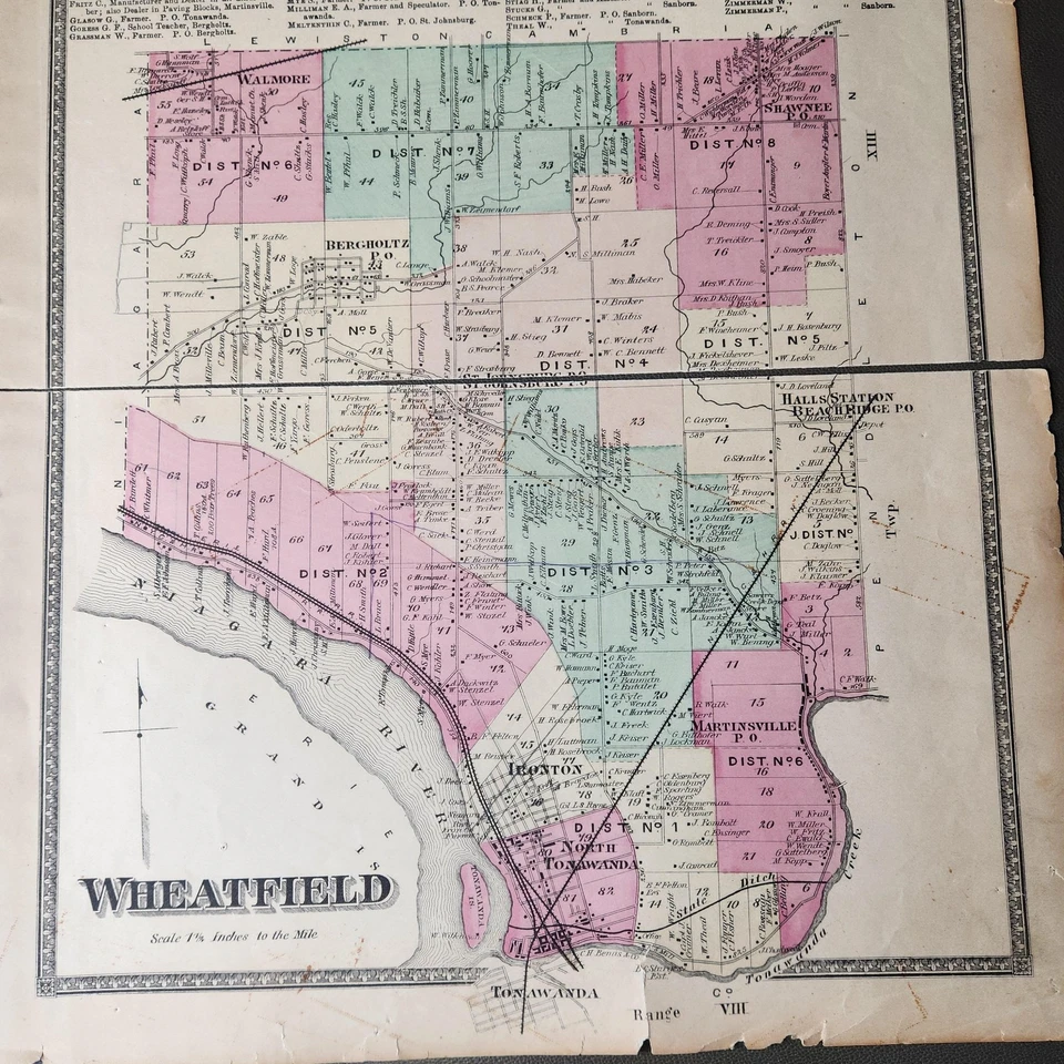 复古 Wheatfield 纽约地图 19 世纪手工彩色城镇土地所有者 历史 — 第 3/4 张图片