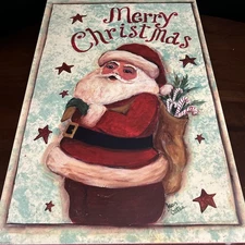 Vtg Hand Made & Painted On Wood Hanging “Merry Christmas” Santa Sign