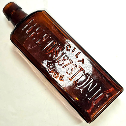 Applied Top Reed's Gilt Edge 1878 Tonic Bottle Rich Amber Nicely Embossed 8 5/8"