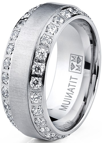 Men's Titanium Dome Brushed Finished Wedding Band Engagement Ring with CZ - Picture 3 of 7