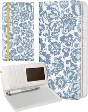 Checkbook Cover for Personal - Blue Flower Floral Leather Register Duplicate Che