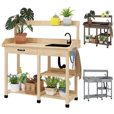 Outsunny Potting Bench Table w/ Drawer, Sink, Storage Shelves
