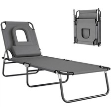 Image of Outsunny Folding Sun Lounger Reclining Chair w/ Pillow Reading Hole Grey