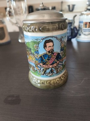 Bierkrug mit Zinndeckel König Ludwig II Bayern Neuschwanstein Linderhof Sammler