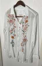 Johnny Was 3J Workshop Blouse Sz L White Button Down Top Floral Light Cotton NEW