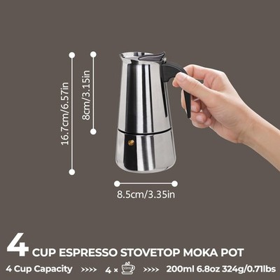 Moka Pot 4 Cup 200ml Stainless Steel Stovetop Espresso Coffee