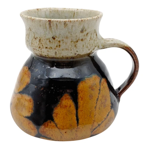 Handmade Signed Studio Art Pottery Coffee Mug, 16oz Large vtg Brown Black Flower