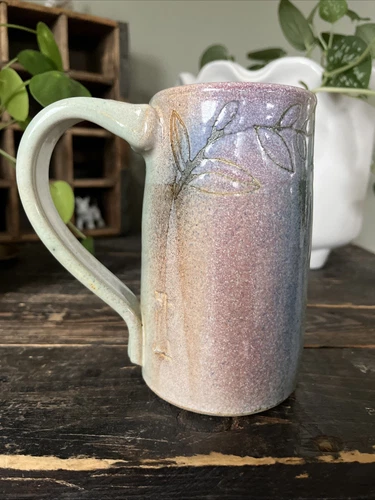 Signed Studio Art Pottery Large Coffee Mug Pastel Drip Glaze Etched Flowers