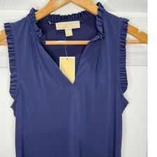 Michael Kors Navy Ruffled V Neck A Line Midi Flutter Sleeveless Dress XS NWT