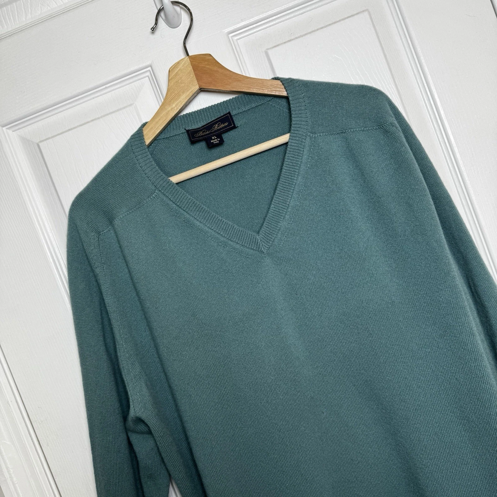 Brooks Brothers Italy Merino Wool V Neck Sweater Size XL Teal Blue Green