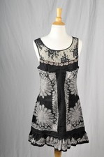 Free People Bohemian Hippie Chic Lace Top Black Peacock Tunic Dress Size 8