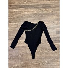 H M Black Ribbed One Shoulder Chain Bodysuit Long Sleeve S