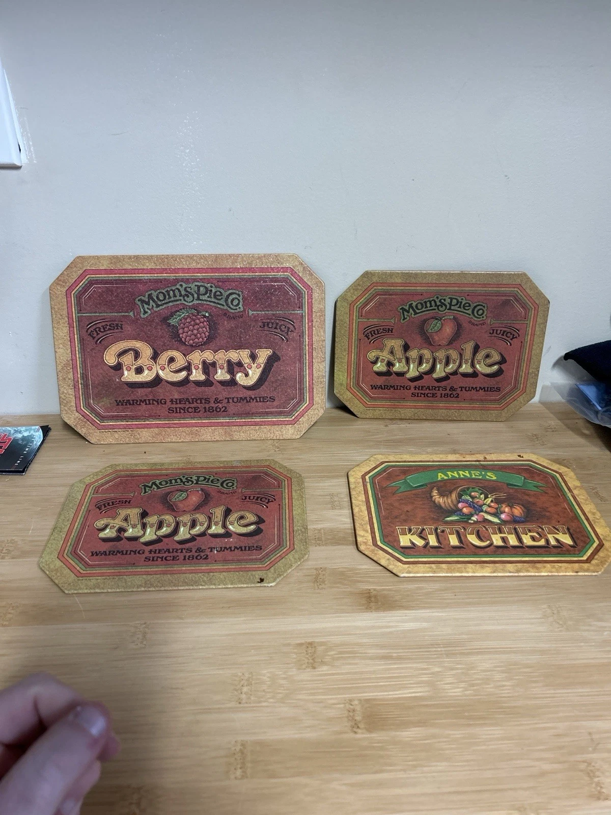 Vintage Ballonoff Tin 3-Trivets Hot Pad Mom's Pie Co Apple Berry Kitchen 1970's
