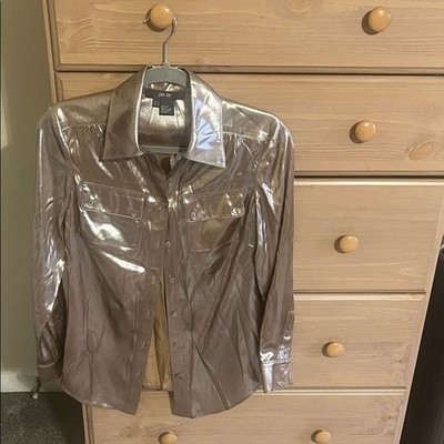 Per Se Y2K Metallic Silver Silk Button Down Shirt | Size 0