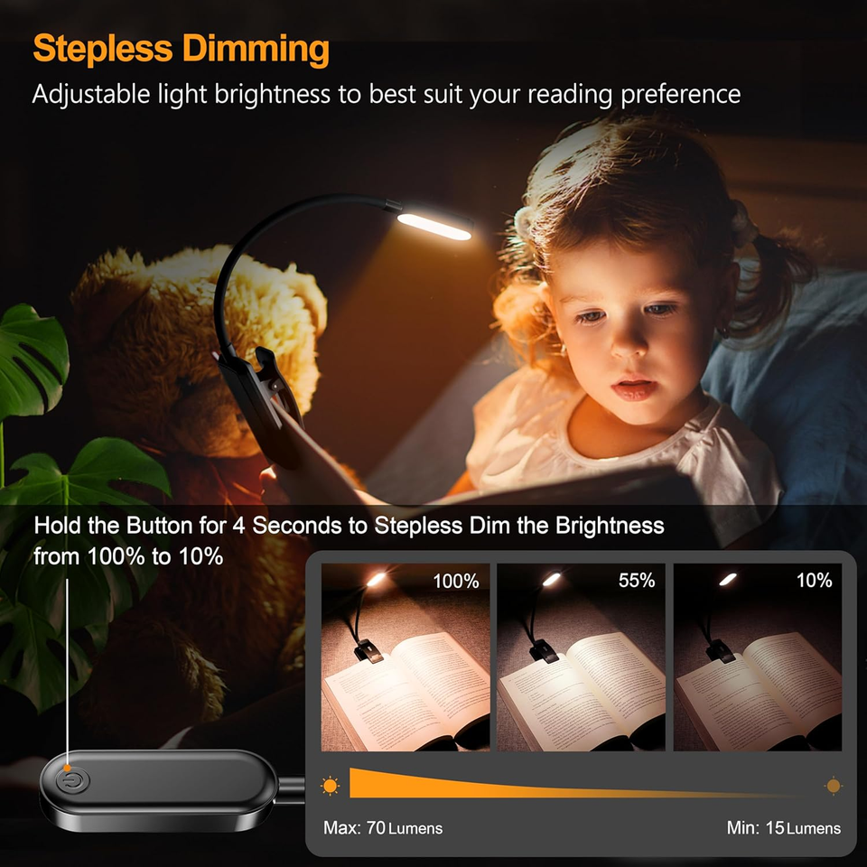 Luce Per Leggere Libri Ricaricabile USB: Mini Lampada Da Libro Portatile, Braccio Regolabile 350°, 3 Temperature Colore, Perfetta Per Letto E Viaggi