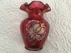 FENTON ruffle top vase CRANBERRY RED floral HAND PAINTED VASE signed D.JOURSON