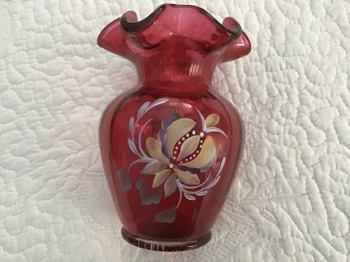 FENTON ruffle top vase CRANBERRY RED floral HAND PAINTED VASE signed D.JOURSON