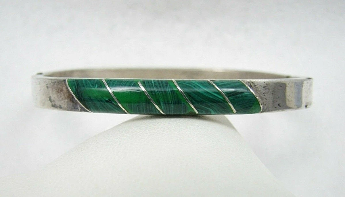Vintage Mexico Green Malachite Inlay Sterling Silver Hinge Bangle Bracelet
