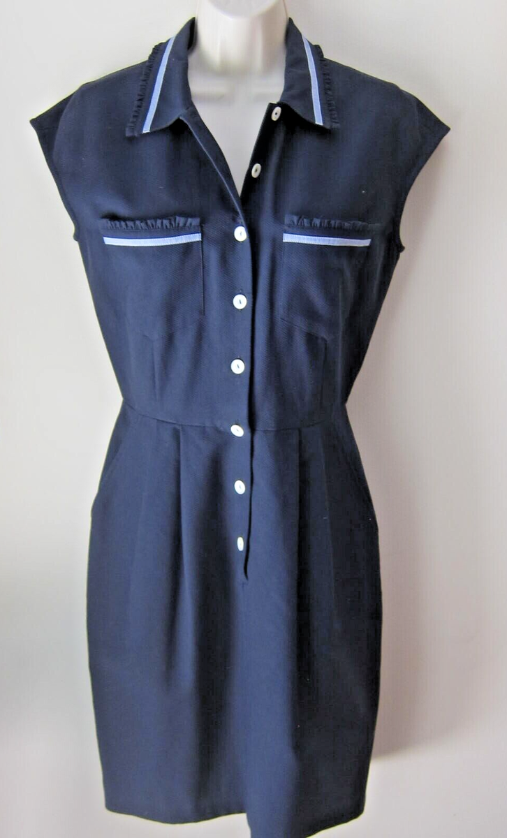 Les Copains Navy Button Down Sleeveless Dress w/Ruffle Trim~Pockets Sz 42 SM