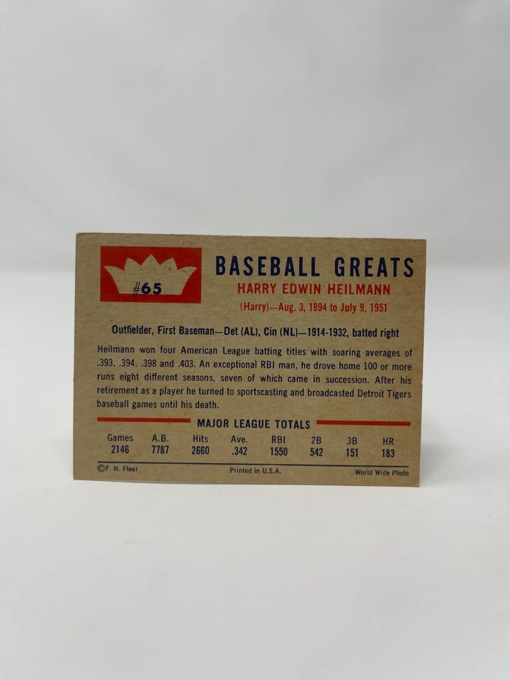 1960 Fleer Baseball Greats - #65 Harry Heilmann - Image 2 of 2